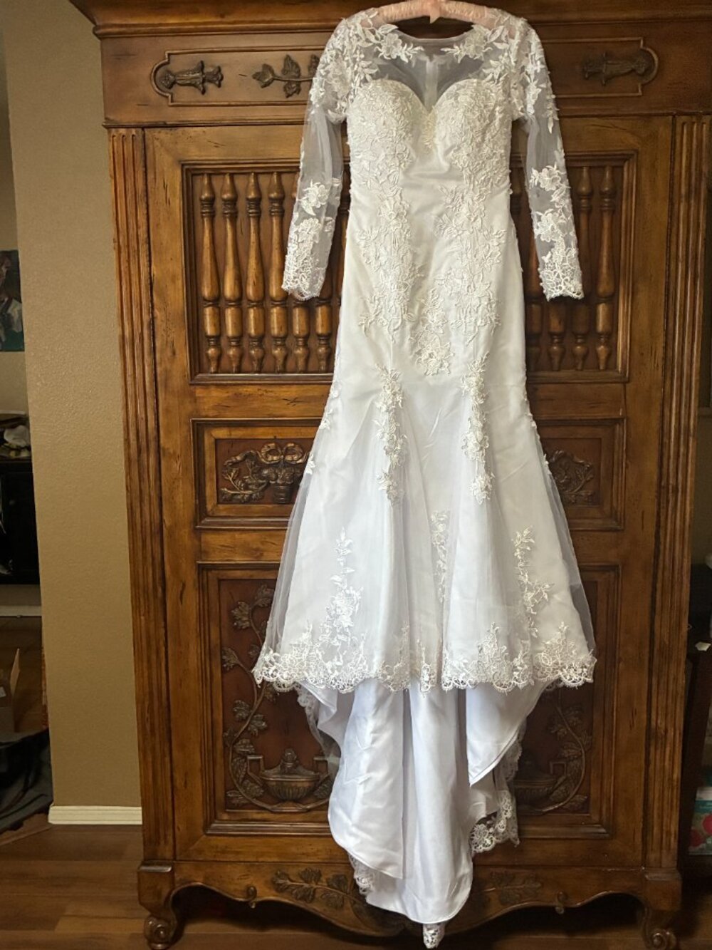 Mermaid Wedding Dress White Lace Pearl Beaded Long Sleeve Train See Measurements